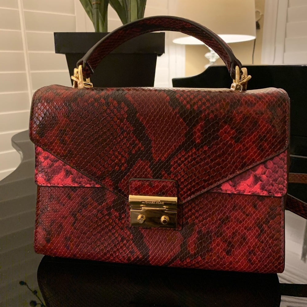 Michael Kors Double Flap Satchel in Snakeskin shades of Red Crossbody Bag